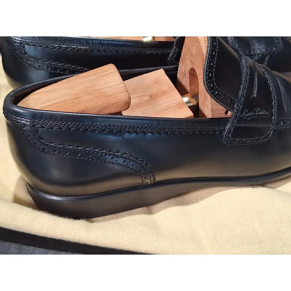 Louis Vuitton Mens Black Leather Coin Penny Loafers FD0048 Size 7.5 Italy CLEAN